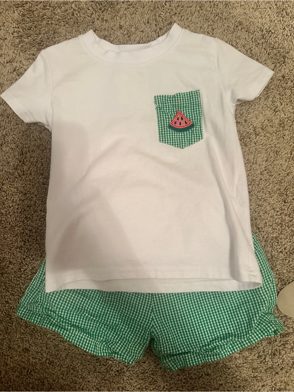 Kids White Tee & Green Gingham Shorts Matching Set